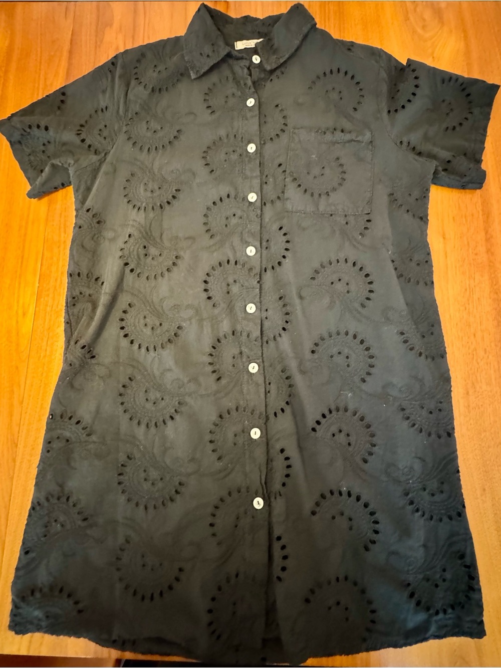 Luisa Perla Black Broderie Anglaise Short Button-Front Shirt Dress, Size L